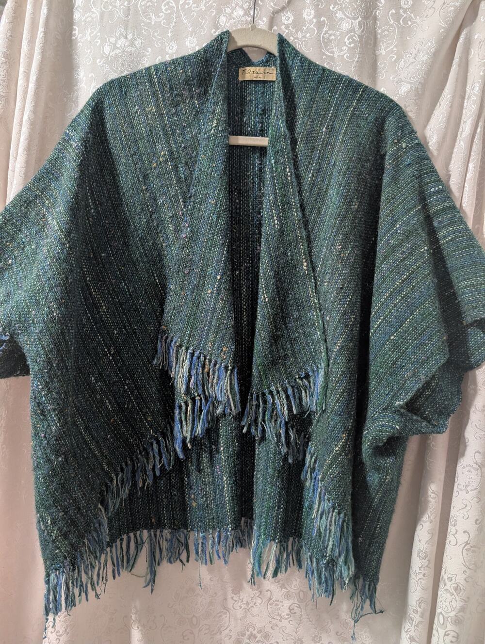 Vtg Eleanor Dallas Hand Woven Slub Tweed Fringe Shawl Cardigan Jacket